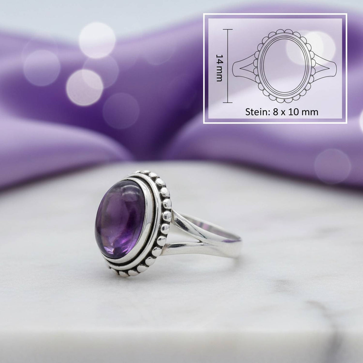 Amethystring aus Silber mit Maßangaben zu Ring und Edelstein