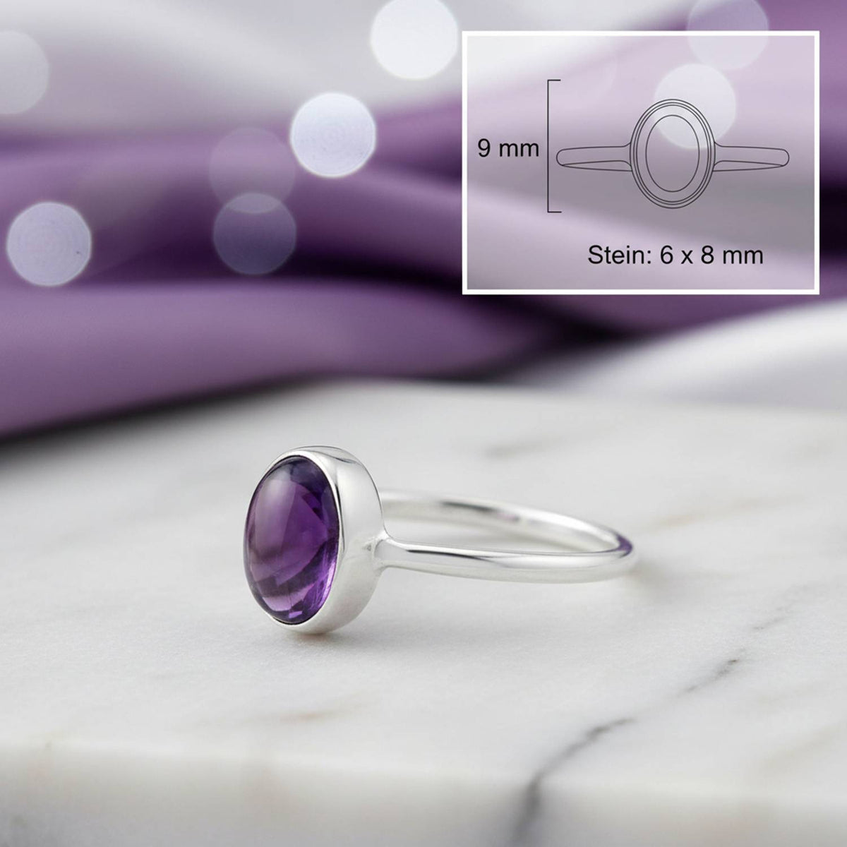 Amethystring aus Silber mit Maßangaben zu Ring und Edelstein