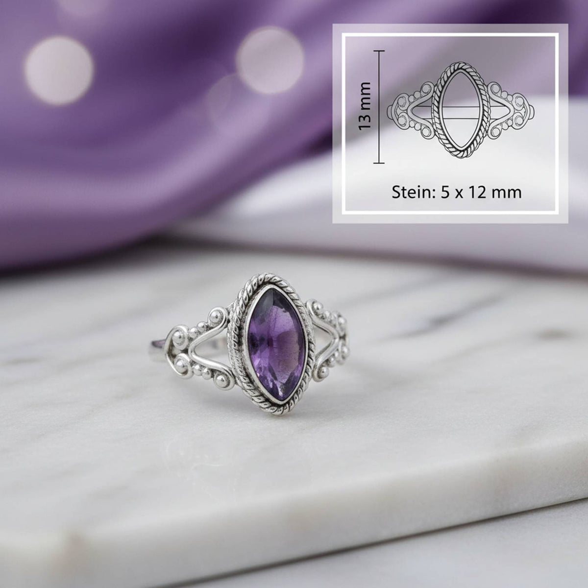 Amethystring aus Silber mit Maßangaben zu Ring und Edelstein