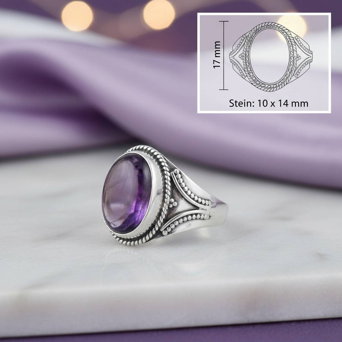 Amethystring aus Silber mit Maßangaben zu Ring und Edelstein