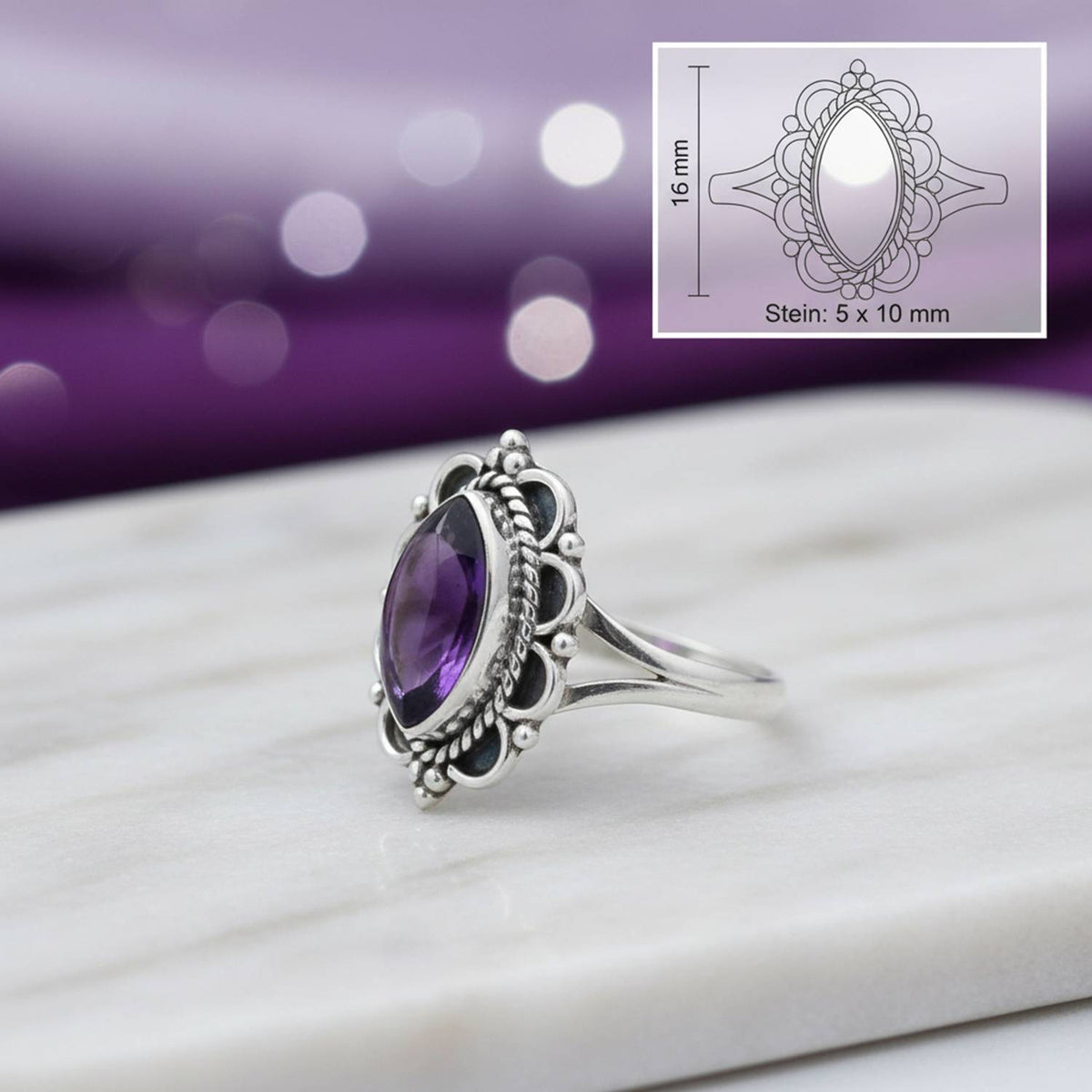 Amethystring aus Silber mit Maßangaben zu Ring und Edelstein