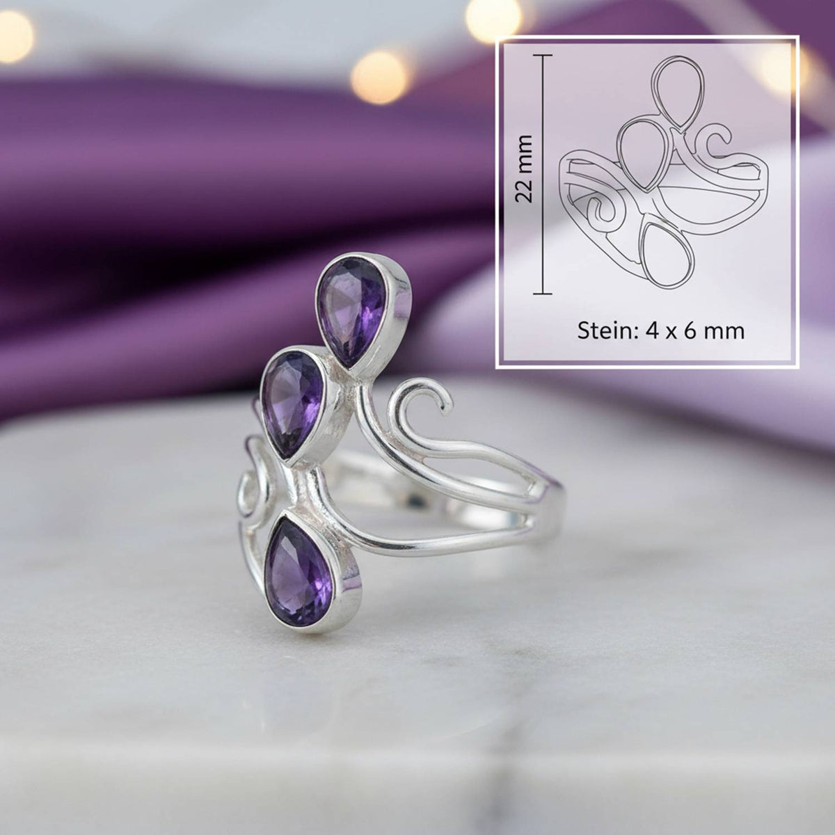Amethystring aus Silber mit Maßangaben zu Ring und Edelstein