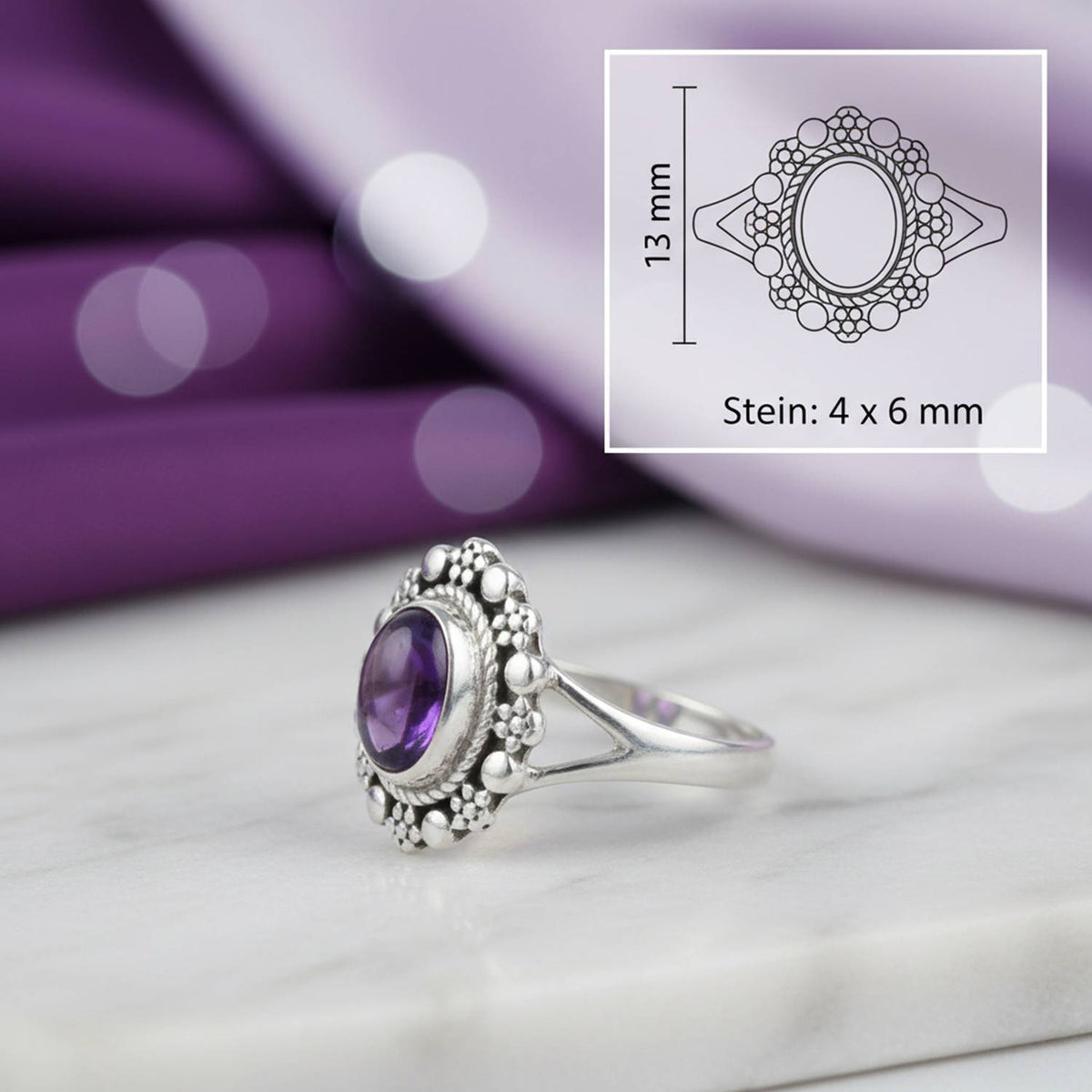 Amethystring aus Silber mit Maßangaben zu Ring und Edelstein
