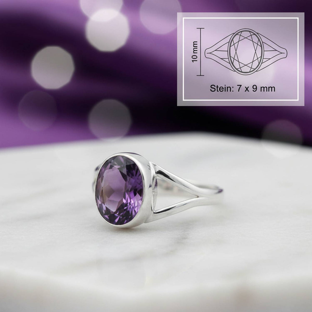 Amethystring aus Silber mit Maßangaben zu Ring und Edelstein