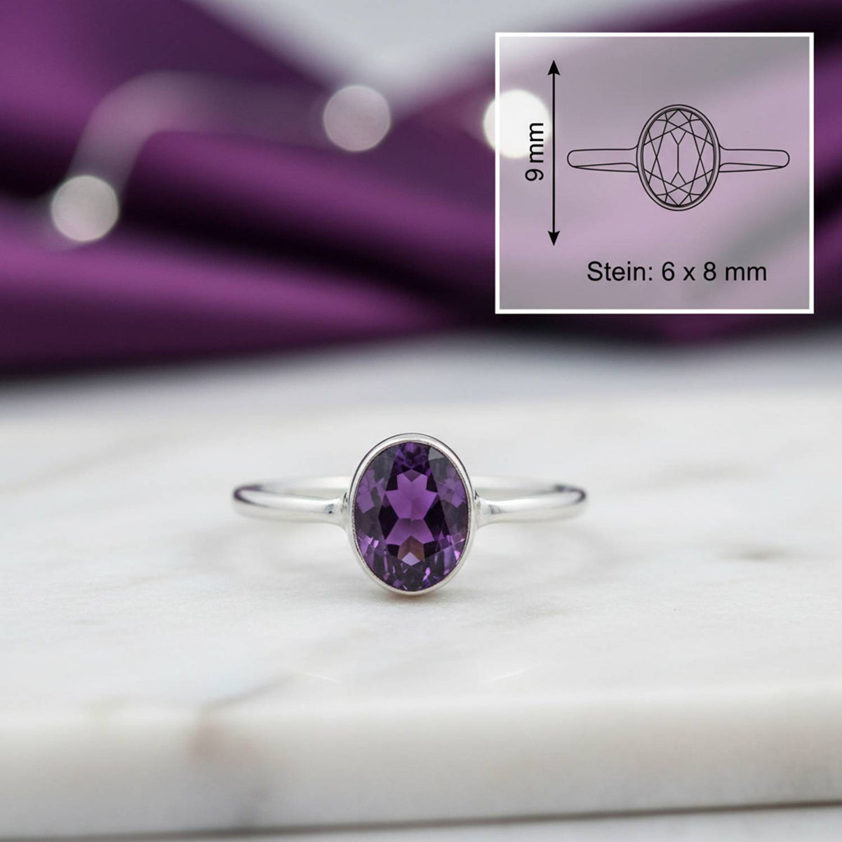 Amethystring aus Silber mit Maßangaben zu Ring und Edelstein