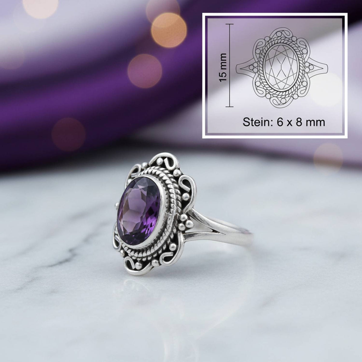 Amethystring aus Silber mit Maßangaben zu Ring und Edelstein