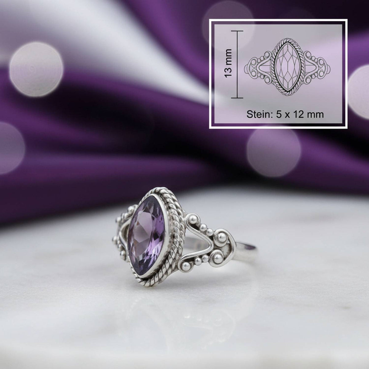 Amethystring aus Silber mit Maßangaben zu Ring und Edelstein