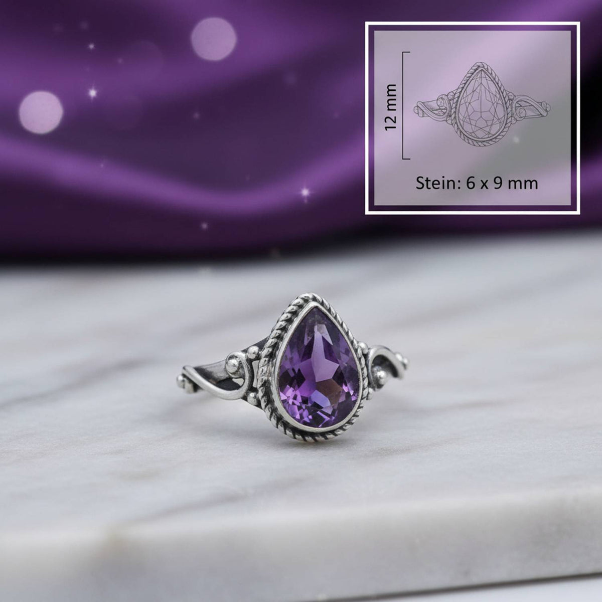 Amethystring aus Silber mit Maßangaben zu Ring und Edelstein