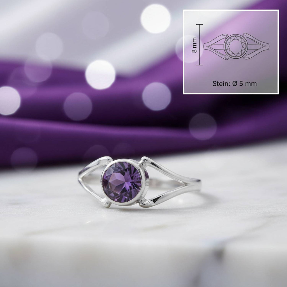 Amethystring aus Silber mit Maßangaben zu Ring und Edelstein