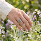 [KI] Silberring mit Amethyst an der Hand zwischen Blumen