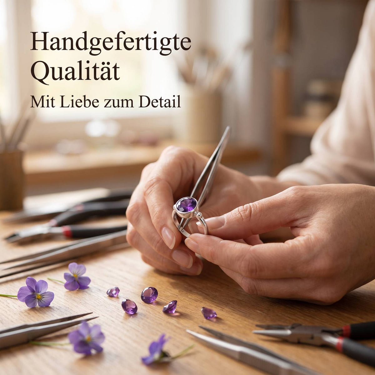 Handgefertigter Silberring mit Amethyst bei der Schmuckherstellung