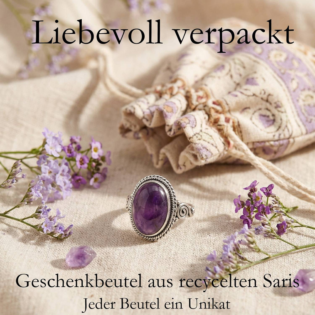 Silberring mit Amethyst und Geschenkbeutel aus recyceltem Sari