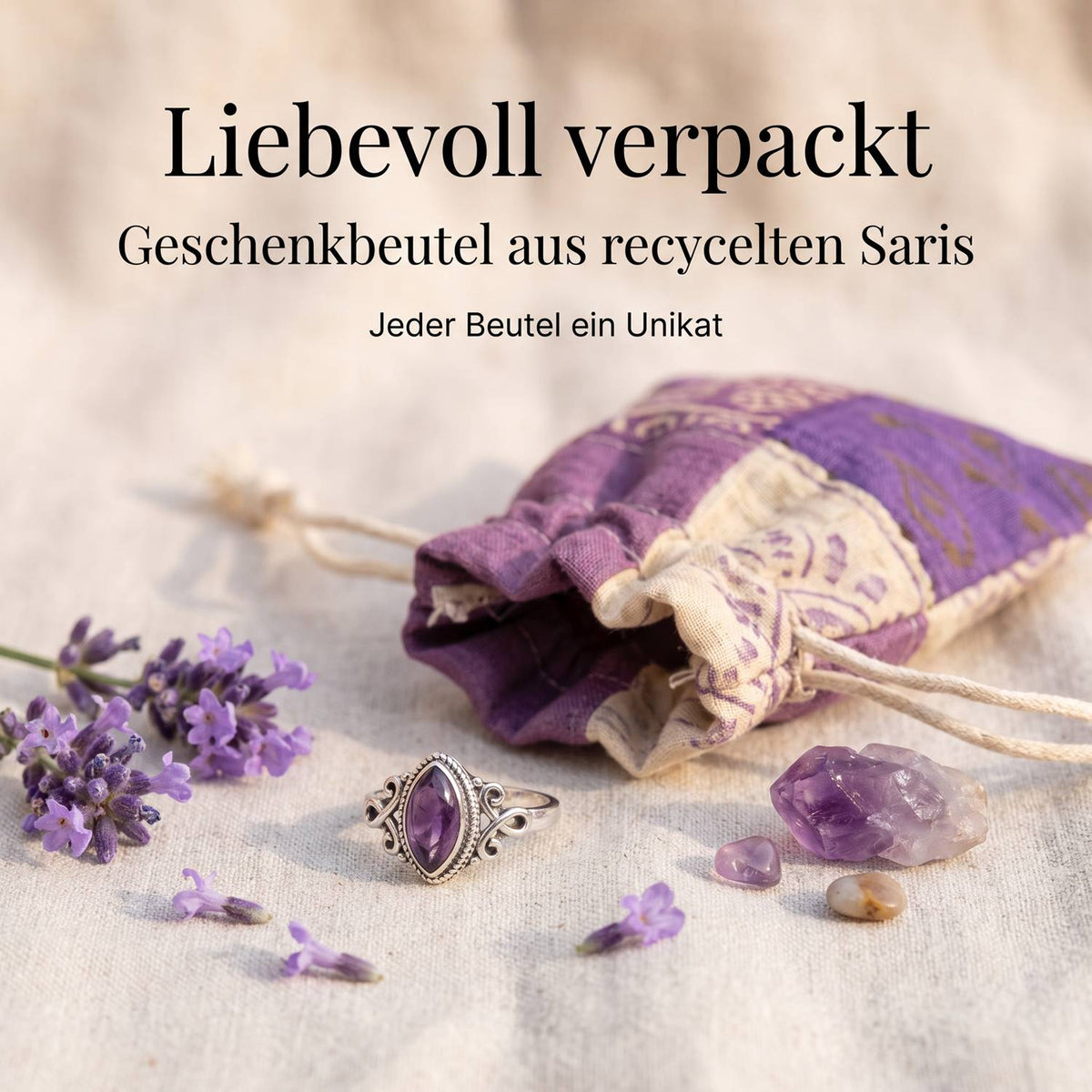 Silberring mit Amethyst und Geschenkbeutel aus recyceltem Sari