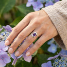 [KI] Silberring mit Amethyst an der Hand zwischen Blumen