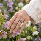 [KI] Silberring mit Amethyst an der Hand zwischen Blumen