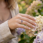 [KI] Silberring mit Amethyst an der Hand zwischen Blumen