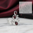 [KI] Granatring aus Silber mit Maßangaben zu Ring und Edelstein
