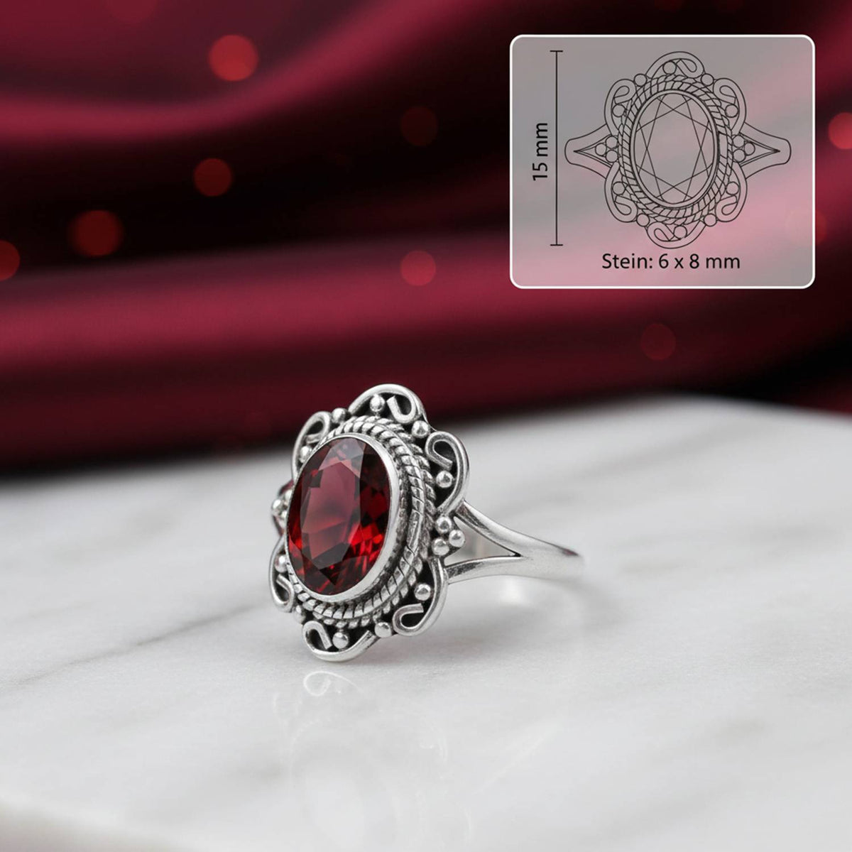 Granatring aus Silber mit Maßangaben zu Ring und Edelstein