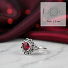 [KI] Granatring aus Silber mit Maßangaben zu Ring und Edelstein