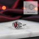 [KI] Granatring aus Silber mit Maßangaben zu Ring und Edelstein