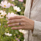 [KI] Silberring mit Granat an der Hand zwischen Blumen