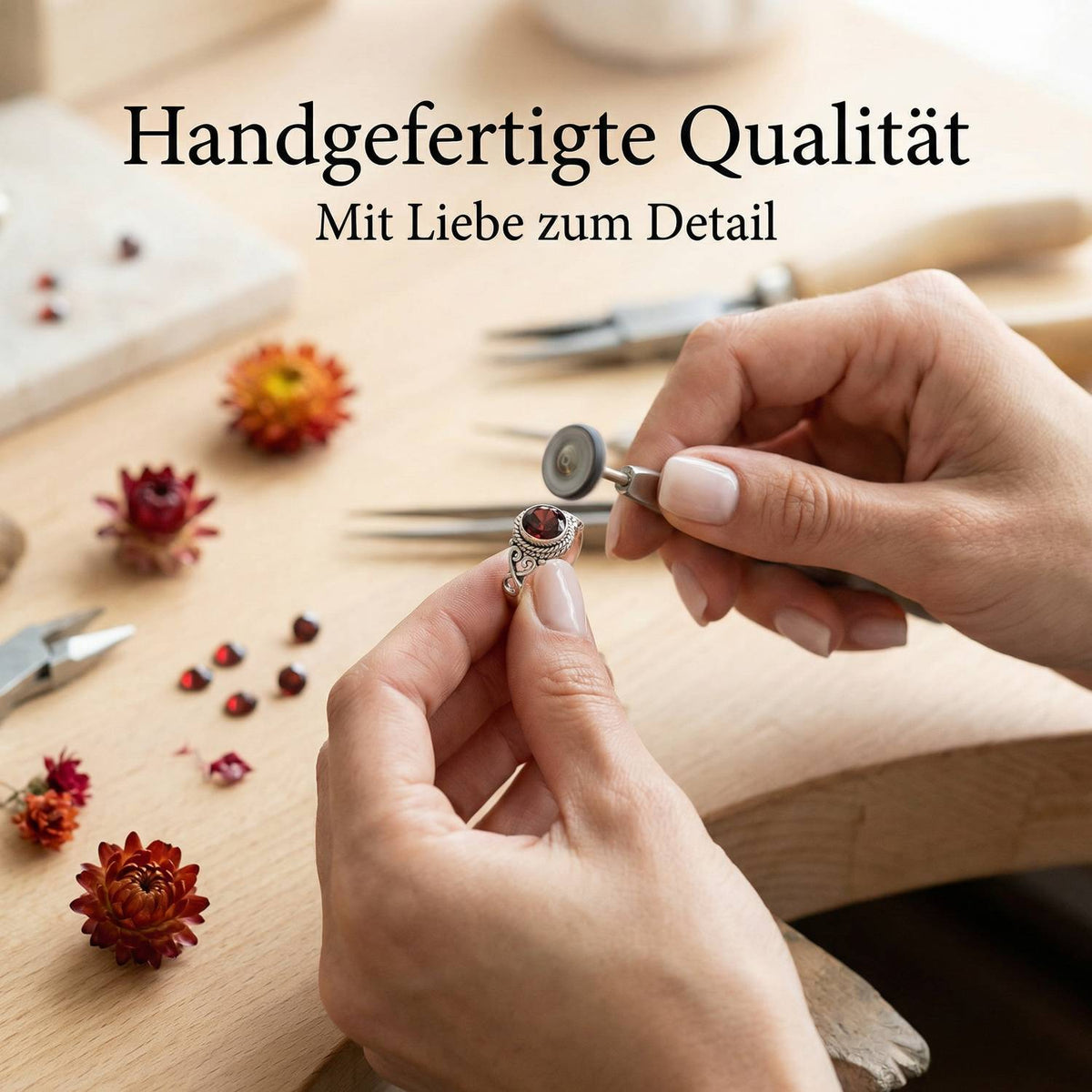 Handgefertigter Silberring mit Granat bei der Schmuckherstellung