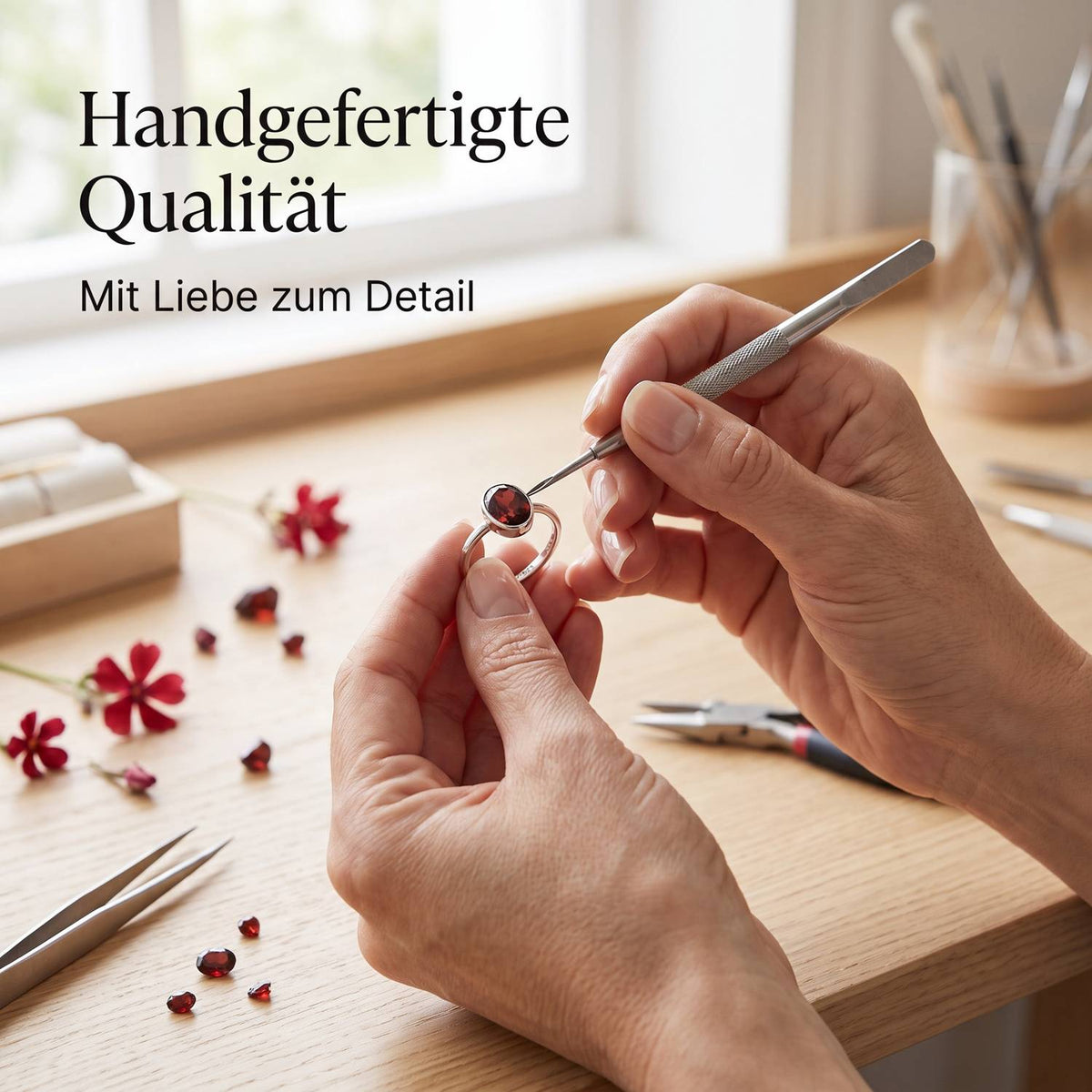 Handgefertigter Silberring mit Granat bei der Schmuckherstellung