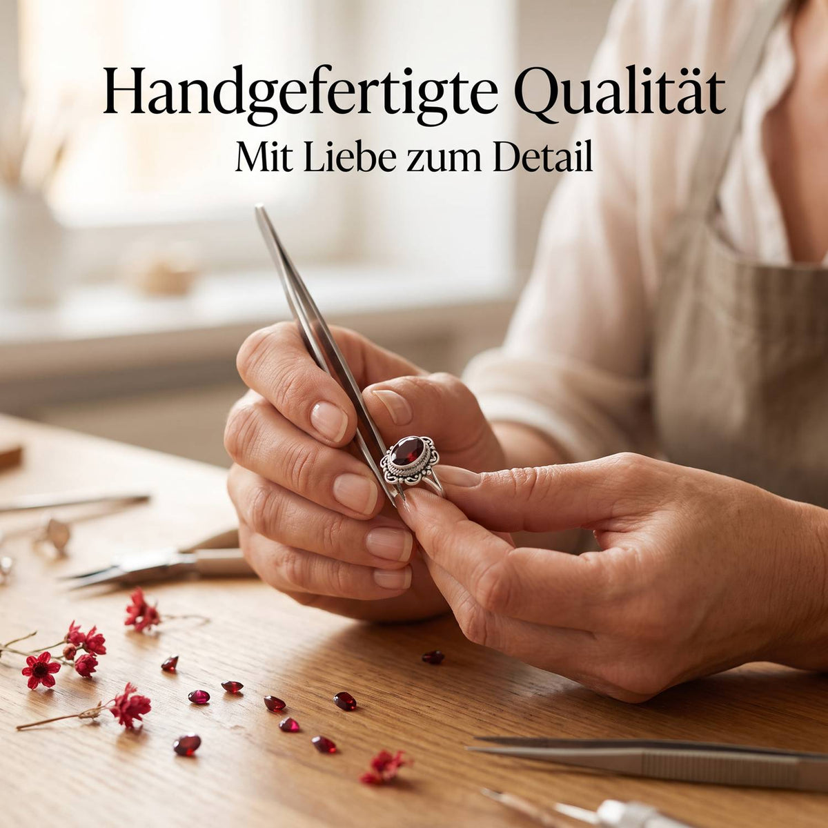 Handgefertigter Silberring mit Granat bei der Schmuckherstellung