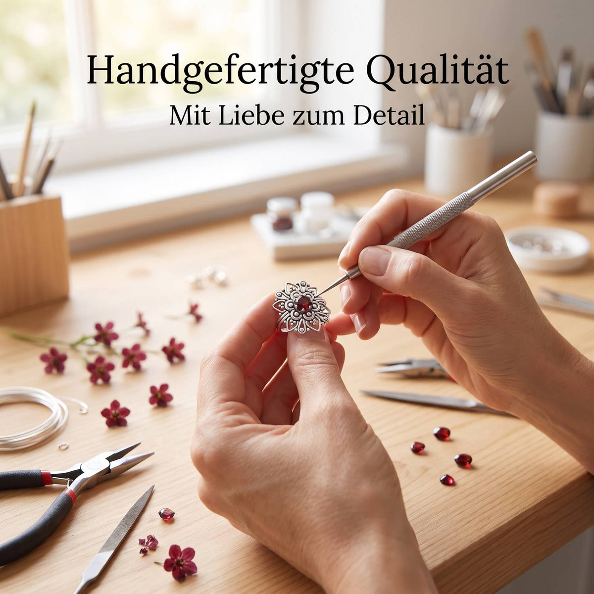 Handgefertigter Silberring mit Granat bei der Schmuckherstellung
