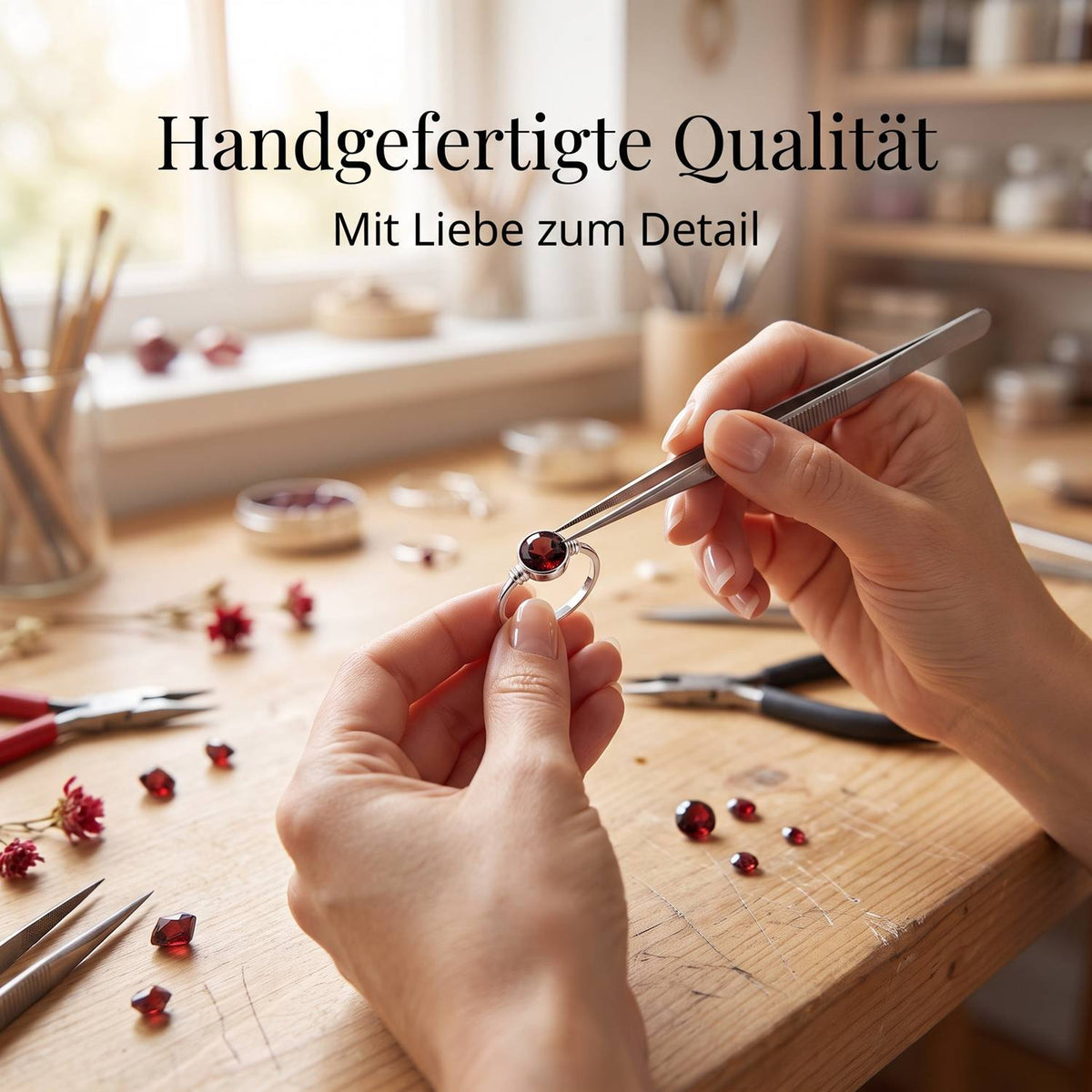 Handgefertigter Silberring mit Granat bei der Schmuckherstellung