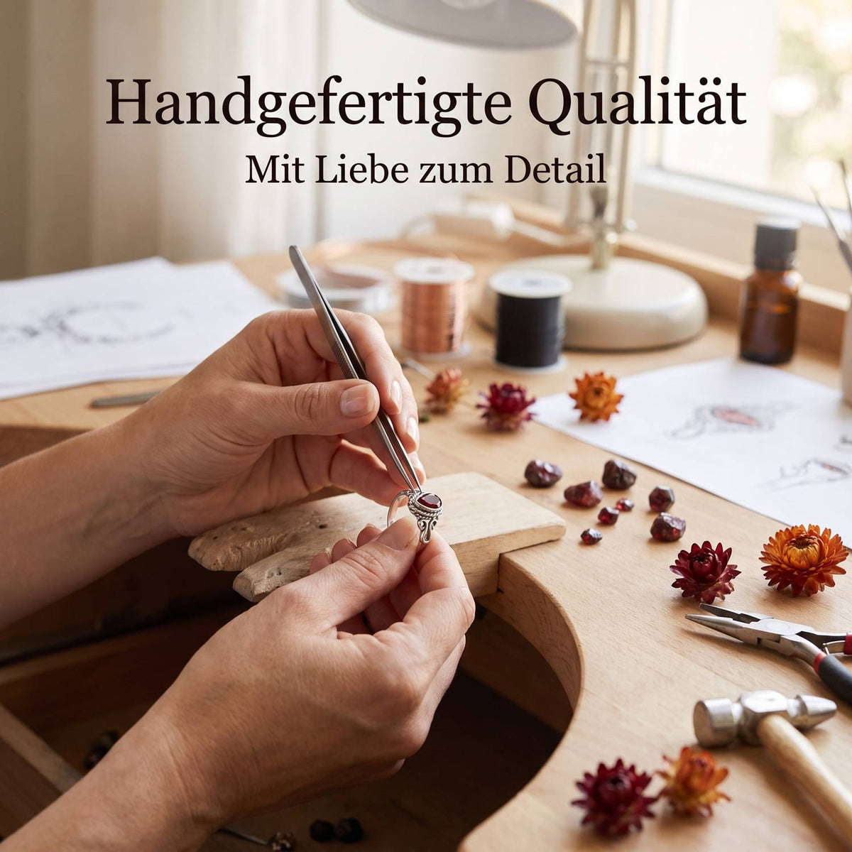 Handgefertigter Silberring mit Granat bei der Schmuckherstellung