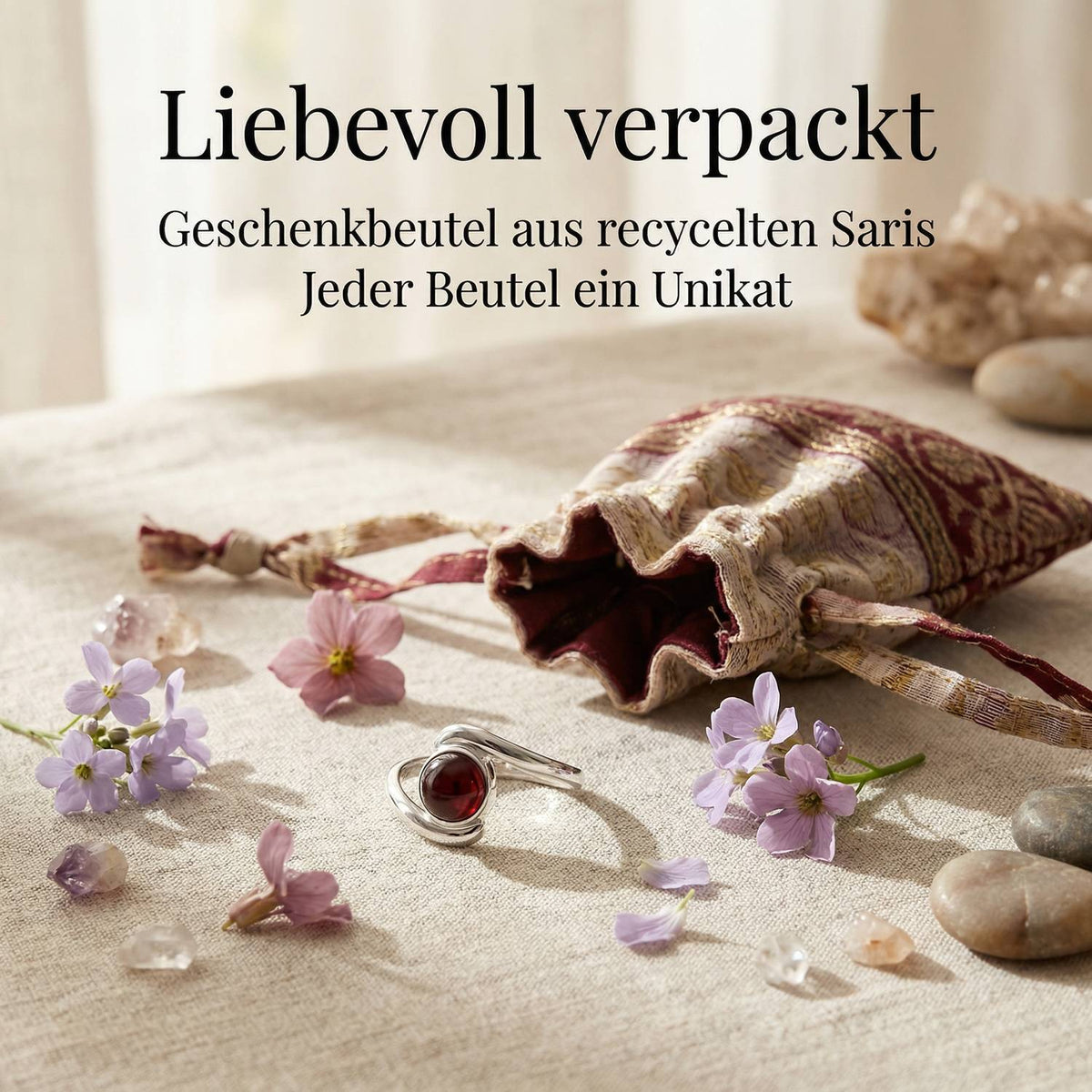 Silberring mit Granat und Geschenkbeutel aus recyceltem Sari