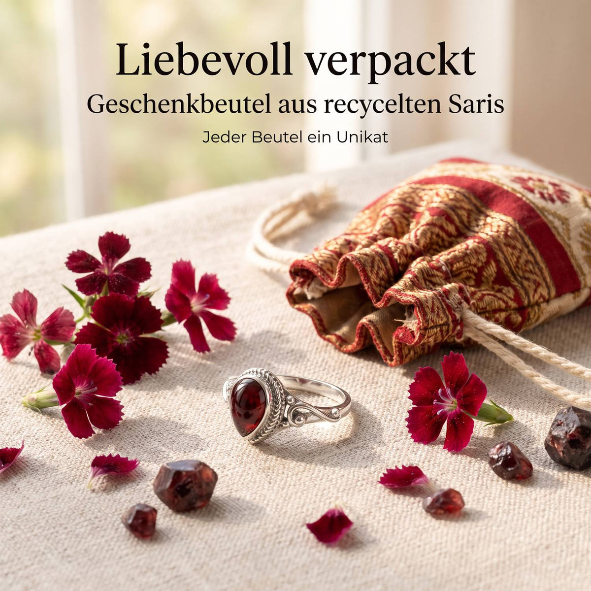 Silberring mit Granat und Geschenkbeutel aus recyceltem Sari