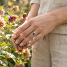 [KI] Silberring mit Granat an der Hand zwischen Blumen