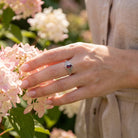 [KI] Silberring mit Granat an der Hand zwischen Blumen