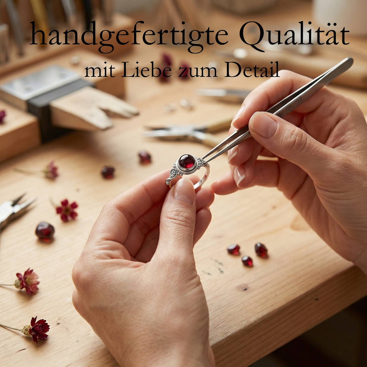 Handgefertigter Silberring mit Granat bei der Schmuckherstellung
