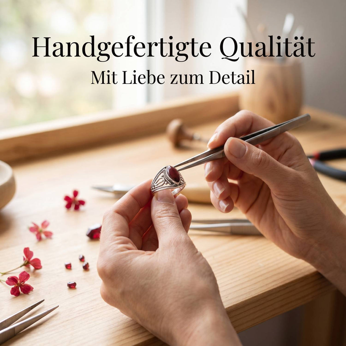 Handgefertigter Silberring mit Granat bei der Schmuckherstellung