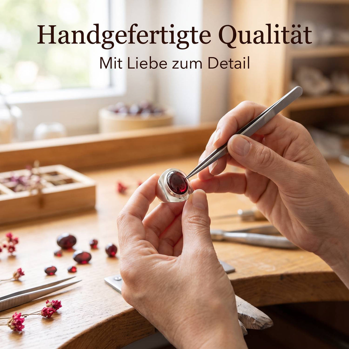 Handgefertigter Silberring mit Granat bei der Schmuckherstellung