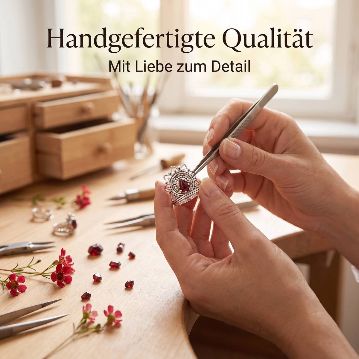 Handgefertigter Silberring mit Granat bei der Schmuckherstellung