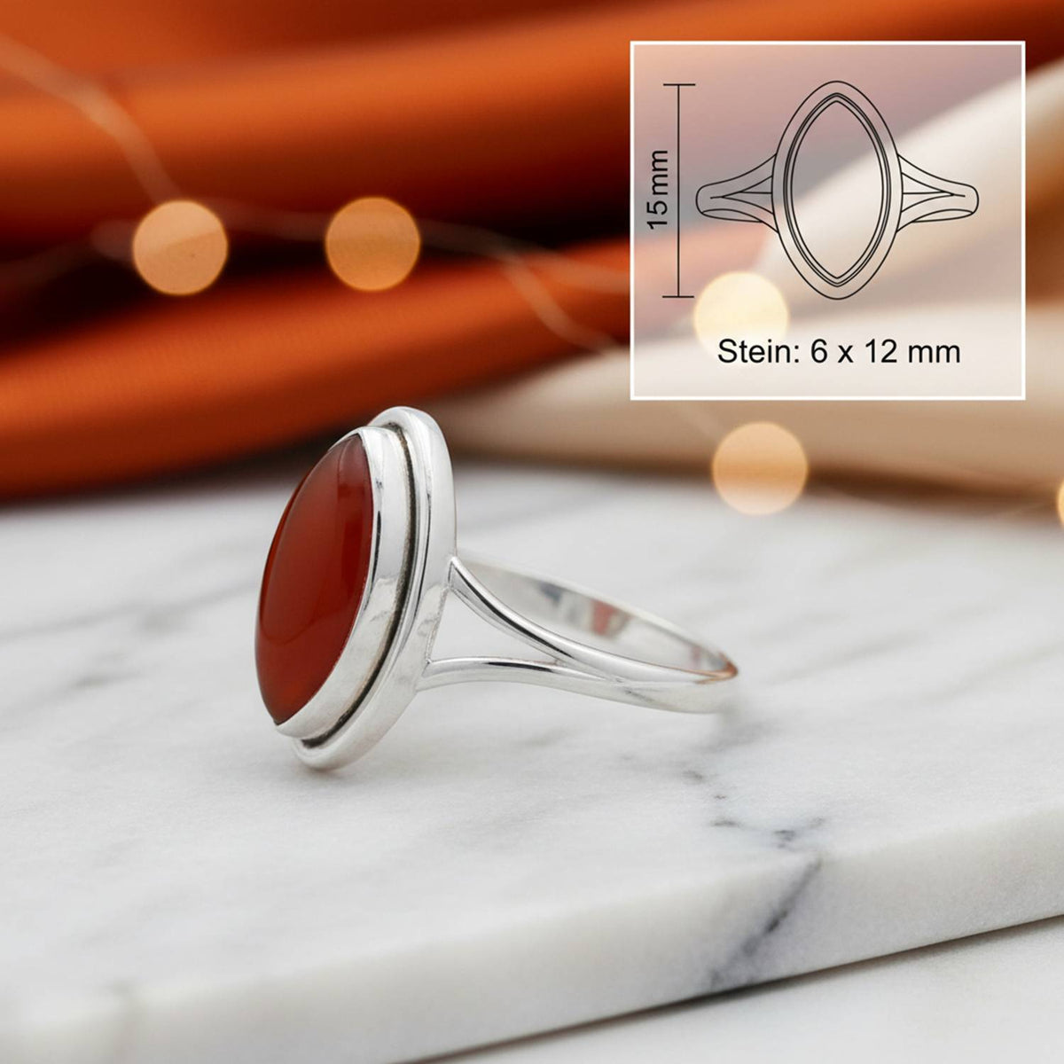 Karneolring aus Silber mit Maßangaben zu Ring und Edelstein