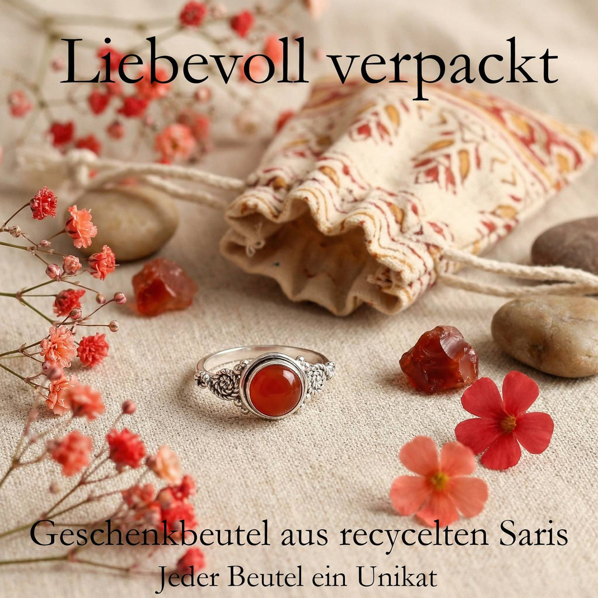 Silberring mit Karneol und Geschenkbeutel aus recyceltem Sari