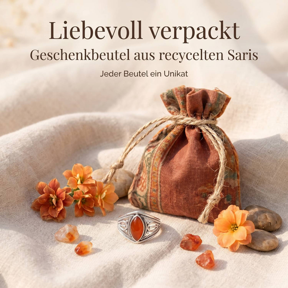 Silberring mit Karneol und Geschenkbeutel aus recyceltem Sari