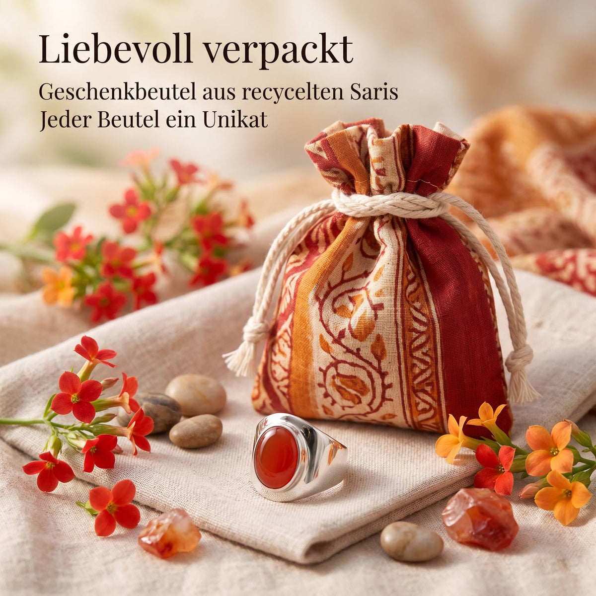Silberring mit Karneol und Geschenkbeutel aus recyceltem Sari