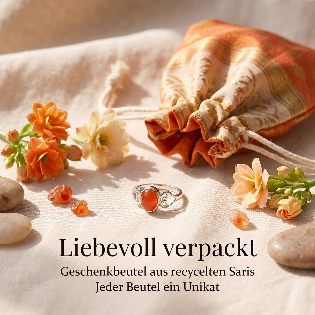 Silberring mit Karneol und Geschenkbeutel aus recyceltem Sari