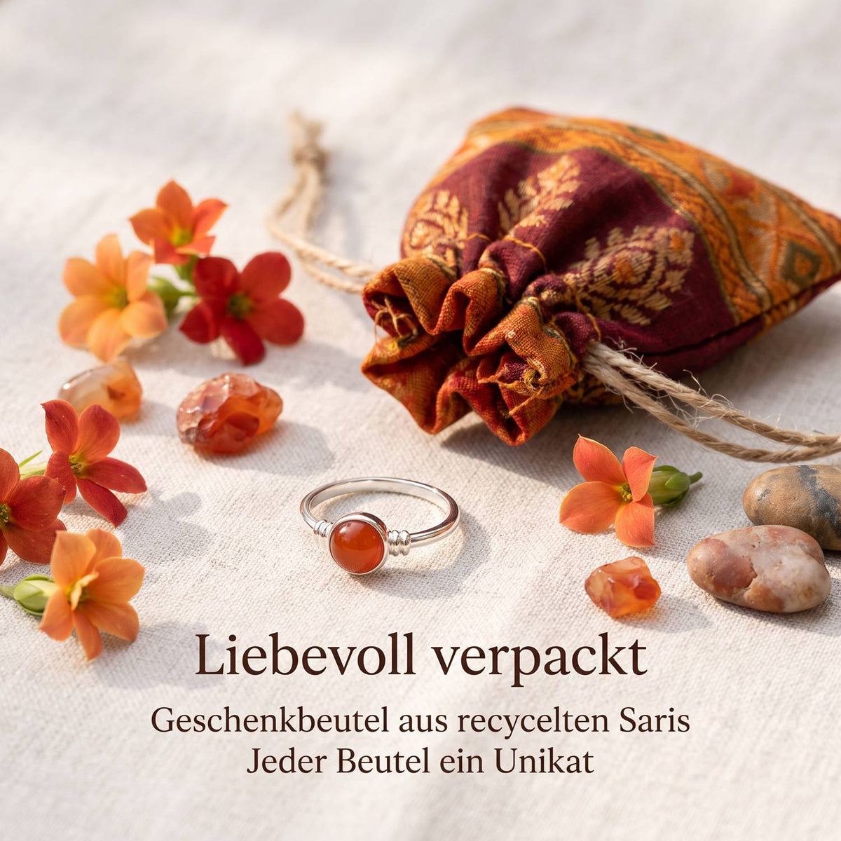 Silberring mit Karneol und Geschenkbeutel aus recyceltem Sari