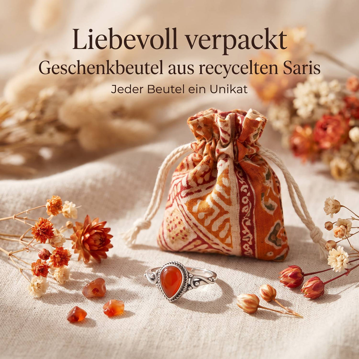 Silberring mit Karneol und Geschenkbeutel aus recyceltem Sari