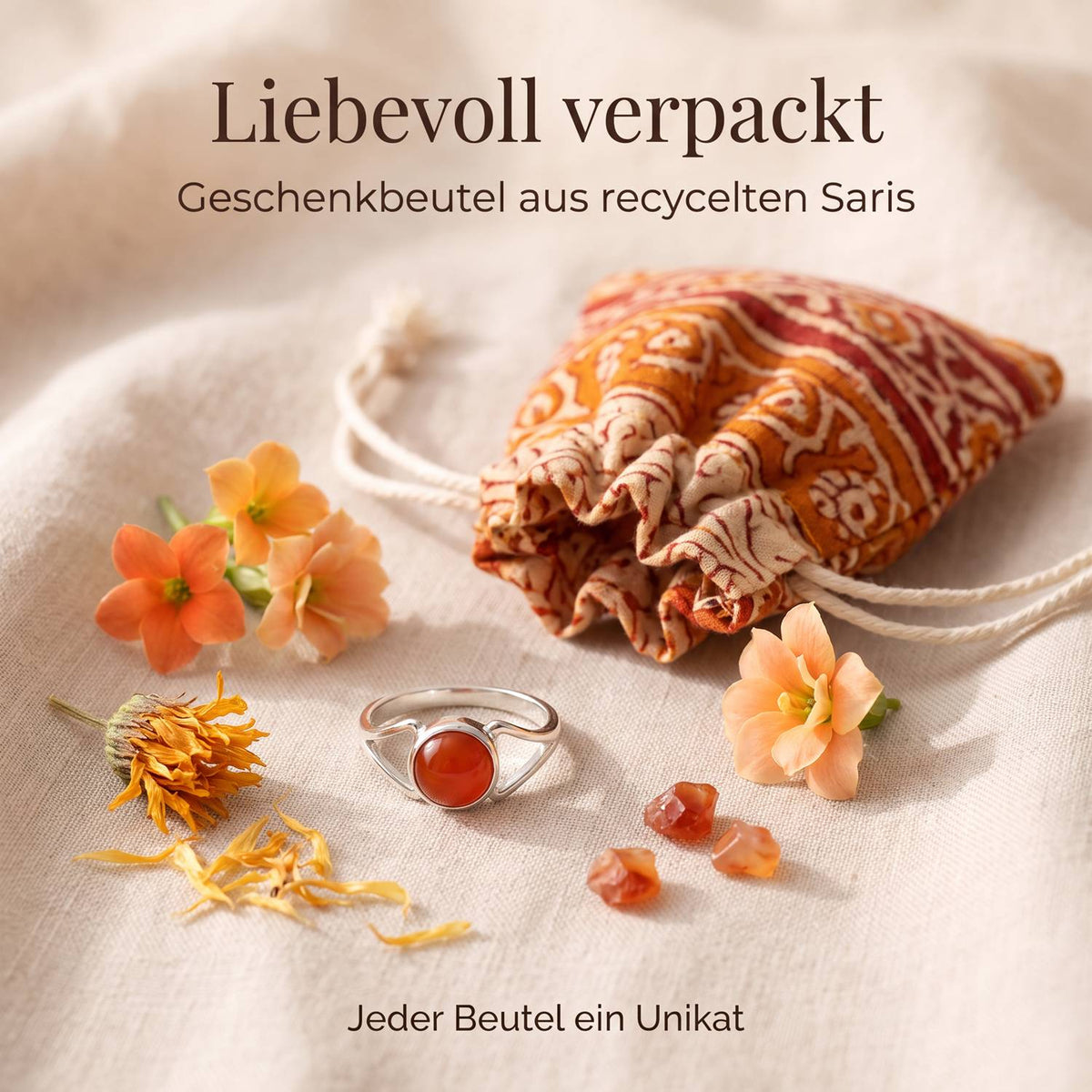 Silberring mit Karneol und Geschenkbeutel aus recyceltem Sari