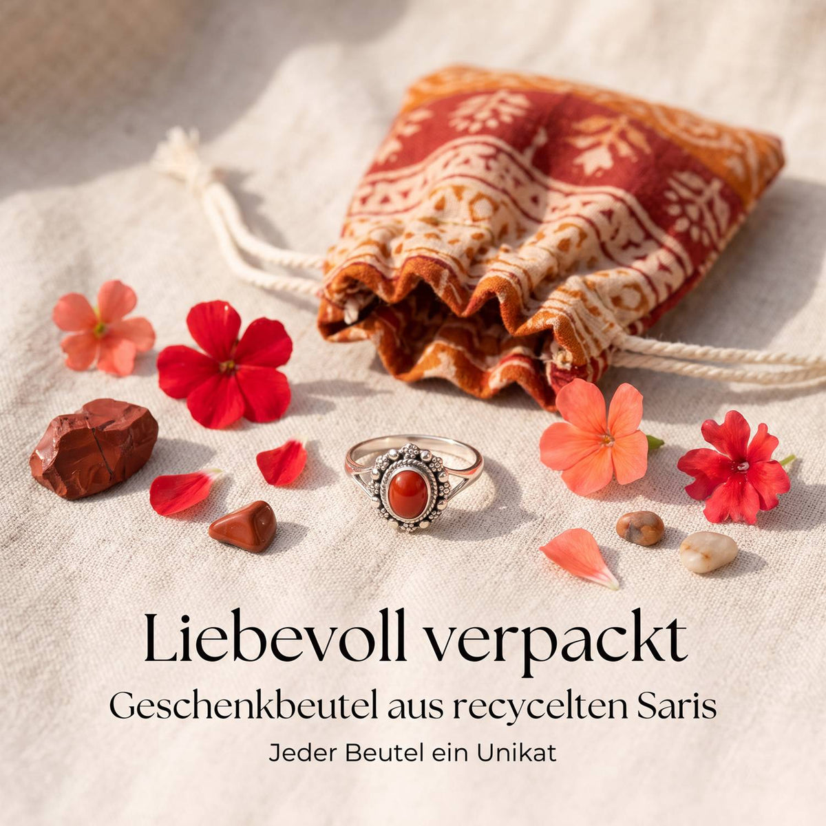 Silberring mit Karneol und Geschenkbeutel aus recyceltem Sari