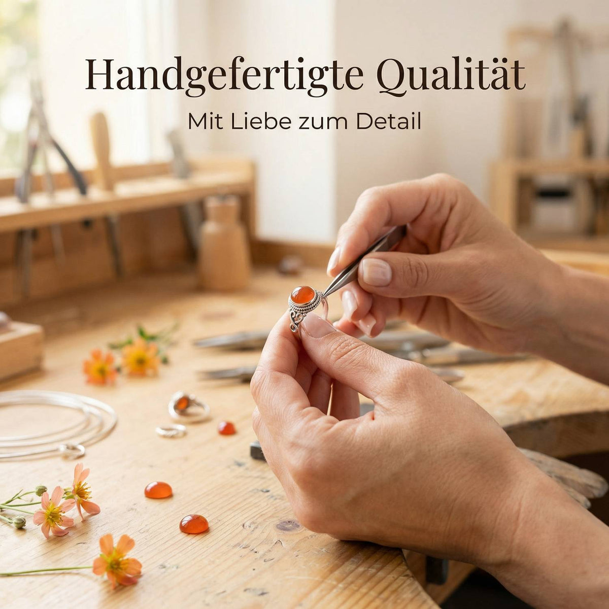 Handgefertigter Silberring mit Karneol bei der Schmuckherstellung