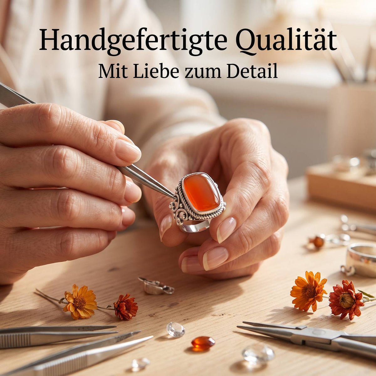 Handgefertigter Silberring mit Karneol bei der Schmuckherstellung